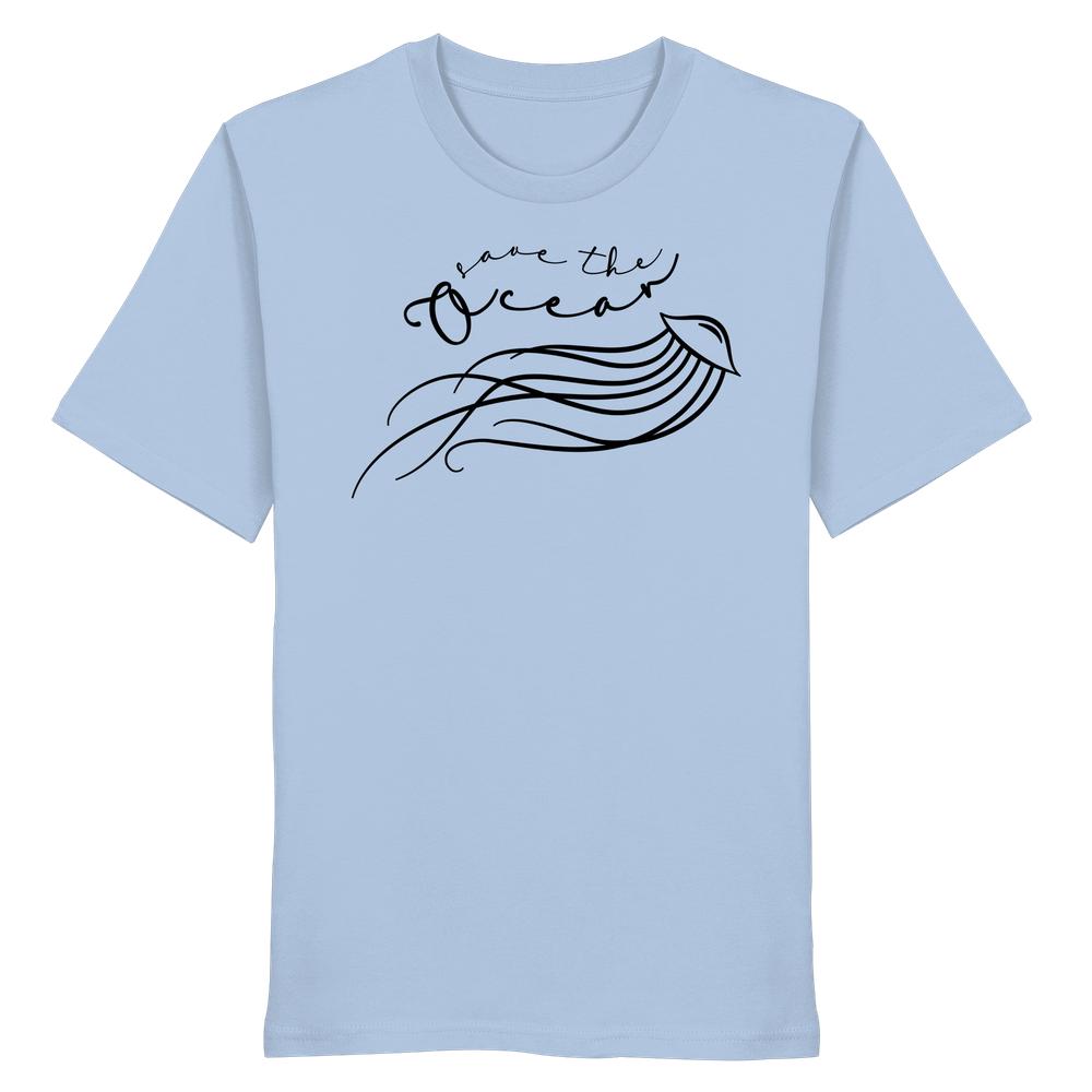 Vegan und Bio Unisex Shirt: Jellyfish - Save the Ocean, hellblau, mit minimalistischer Quallenzeichnung und save the Ocean-Slogan, aus 100% Bio-Baumwolle, normale Passform, nachhaltiges Design.