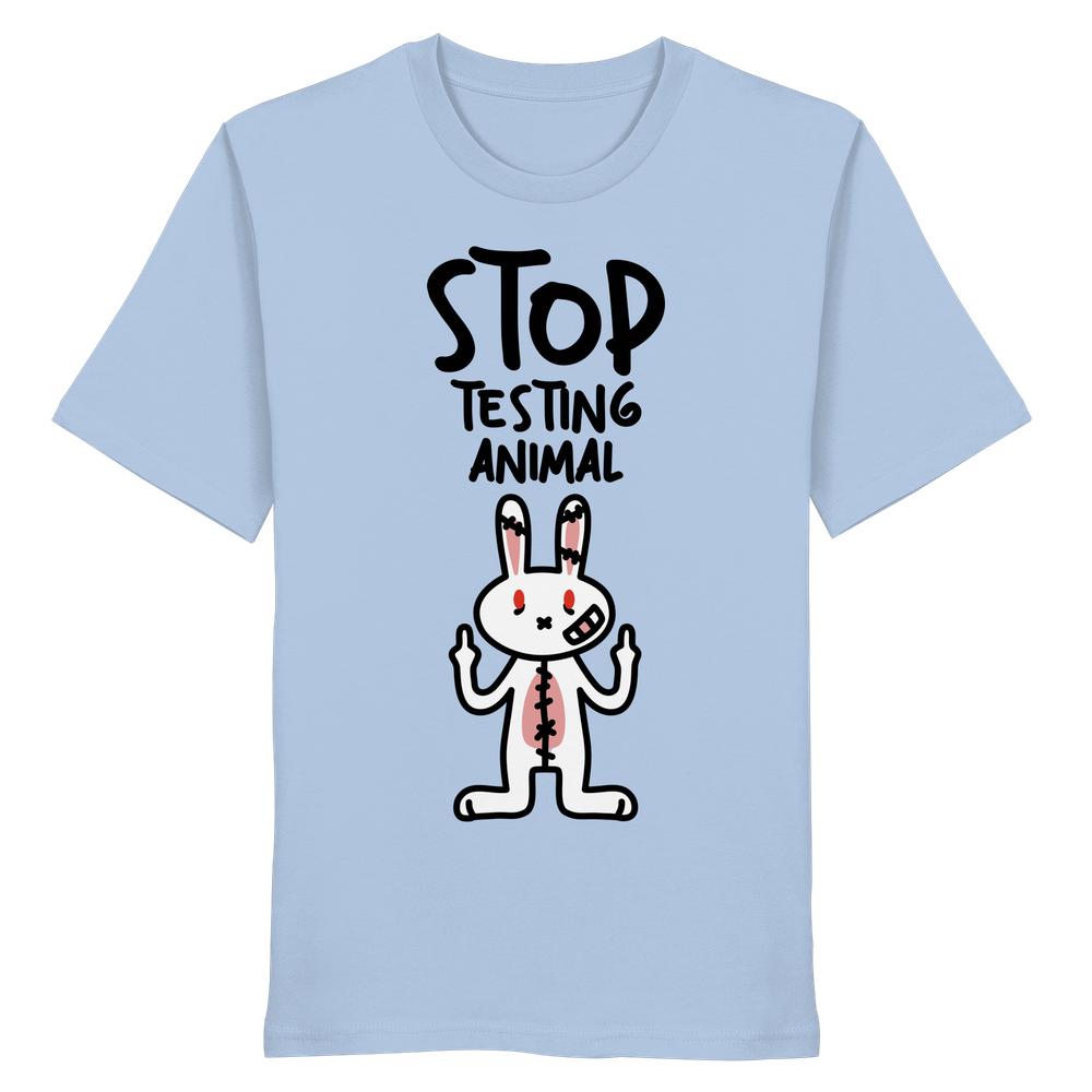 Vegan und Bio Shirt: Angry Rabbit - Animal Rights mit Anti-Tierversuchs-Grafik, Cartoon-Hase mit Stichen und Pflaster, zeigt Mittelfinger, Slogan „STOP TESTING ANIMAL“, 100% Bio-Baumwolle.