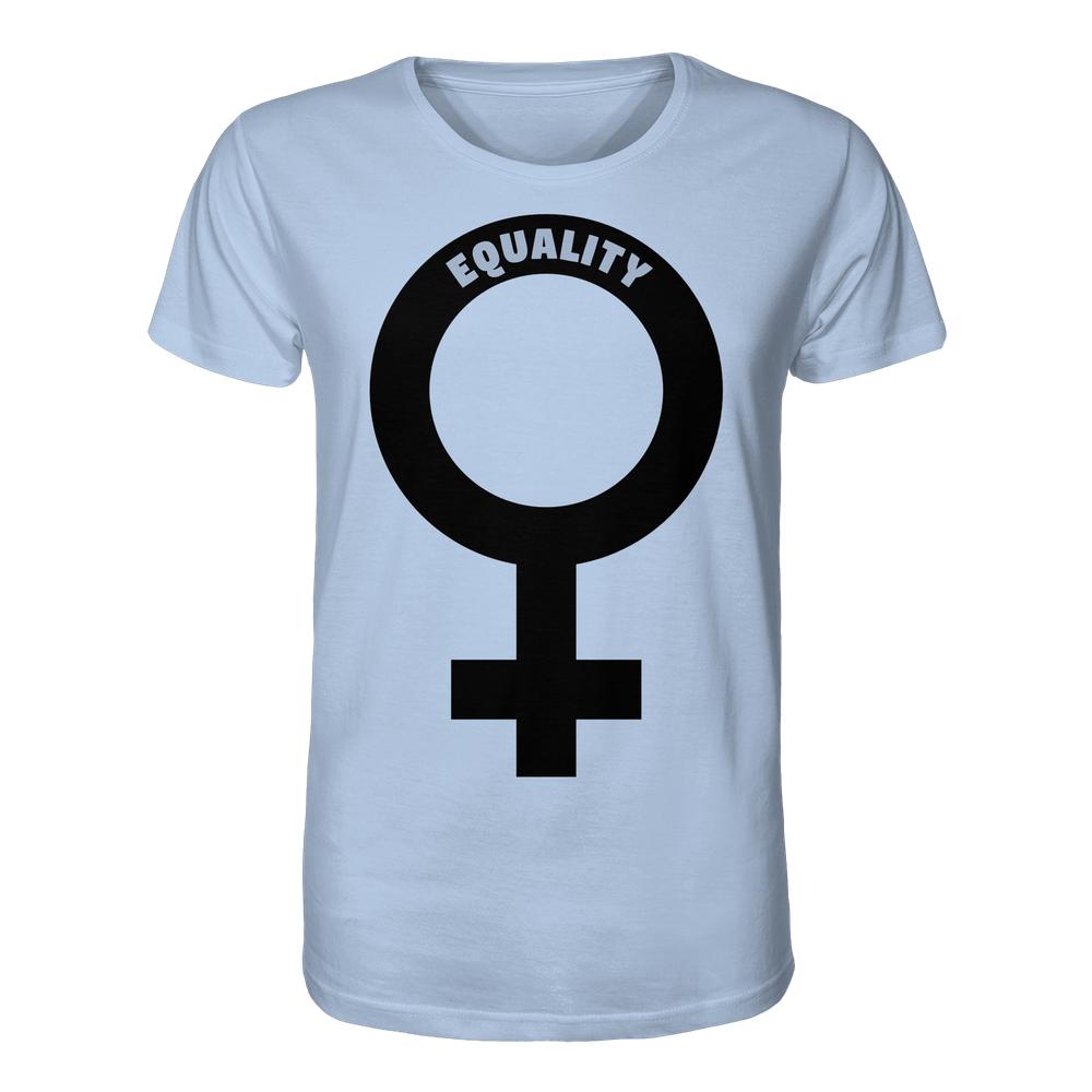 Vegan und Bio Unisex Shirt: Das Venussymbol - Feministisches Shirt mit fetten Lettern EQUALITY auf hellblauem T-Shirt, symbolisiert den Kampf für Gleichberechtigung und Nachhaltigkeit.