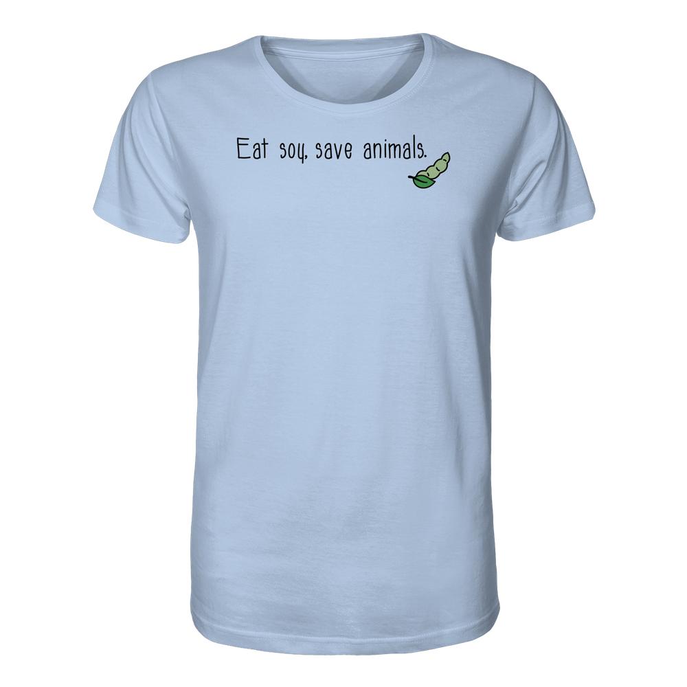 Frauen-T-Shirt in Hellblau mit Eat soy, save animals.-Slogan und grünem Sojabohnen-Illustration, aus 100% Bio-Baumwolle, normaler Schnitt, von RUDE REBEL.