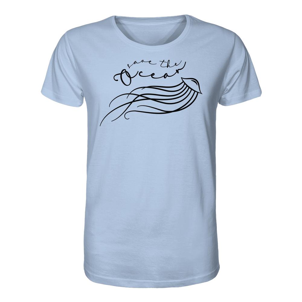 Vegan und Bio Unisex Shirt: Jellyfish - Save the Ocean, zeigt eine filigrane Qualle mit dem Slogan “Save the Ocean” auf einem hellblauen Hintergrund.