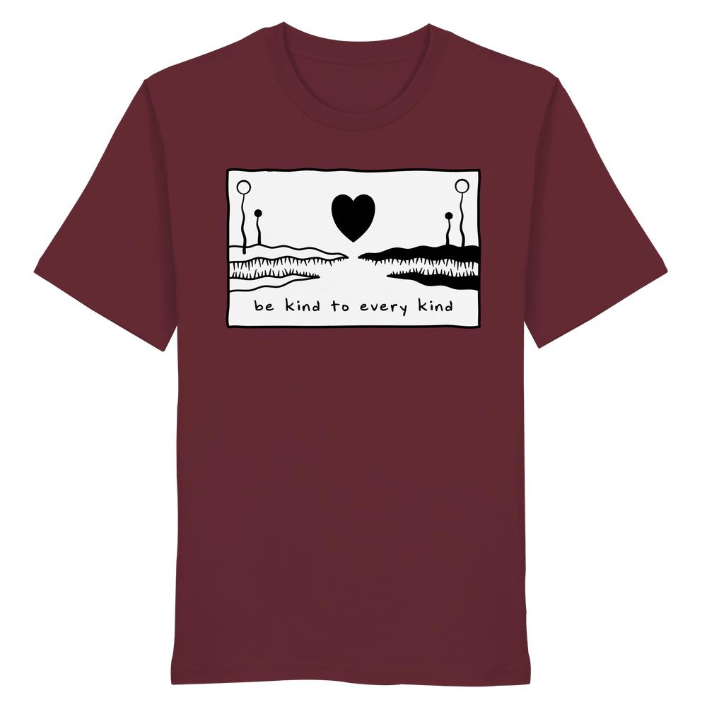 Vegan und Bio Unisex Shirt: Be kind to every kind, zeigt maroones T-Shirt mit handgezeichnetem Rechteckmotiv, schwarzem Herz und Slogan, aus 100% Bio-Baumwolle.