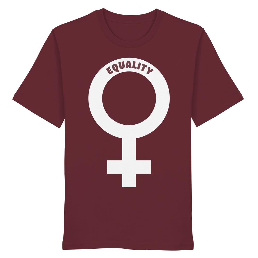 Veganes Bio-Unisex-Shirt mit Venus-Symbol und EQUALITY-Schriftzug, symbolisiert Geschlechtergleichheit. Hergestellt aus 100 % Bio-Baumwolle, normale Passform, von RUDE REBEL.