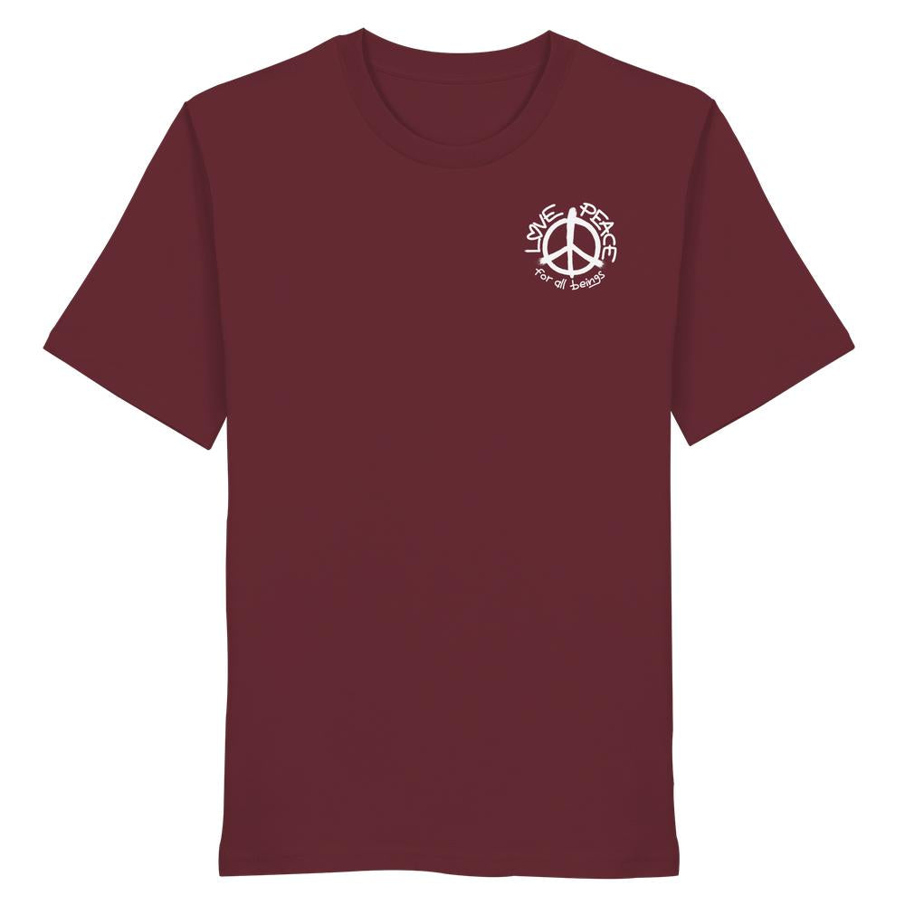 Vegan und Bio Unisex Shirt: LOVE and PEACE for all beings, burgunderfarben, mit Friedenstauben-Design. Aus 100% Bio-Baumwolle, normale Passform, verkörpert nachhaltige und friedvolle Botschaft.