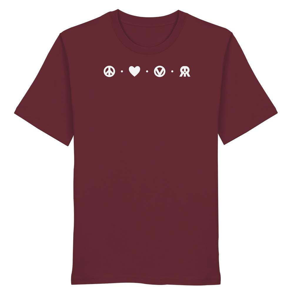 Vegan und Bio Unisex Shirt: Peace - Love - Veganism - RUDE REBEL, zeigt vier Icons für Frieden, Liebe, Veganismus und Rebellion auf einem burgundy T-Shirt. 100% Bio-Baumwolle.