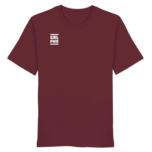 Burgundy T-Shirt mit GRL PWR Grafik, aus Bio-Baumwolle, repräsentiert feministische und umweltfreundliche Werte von RUDE REBEL.