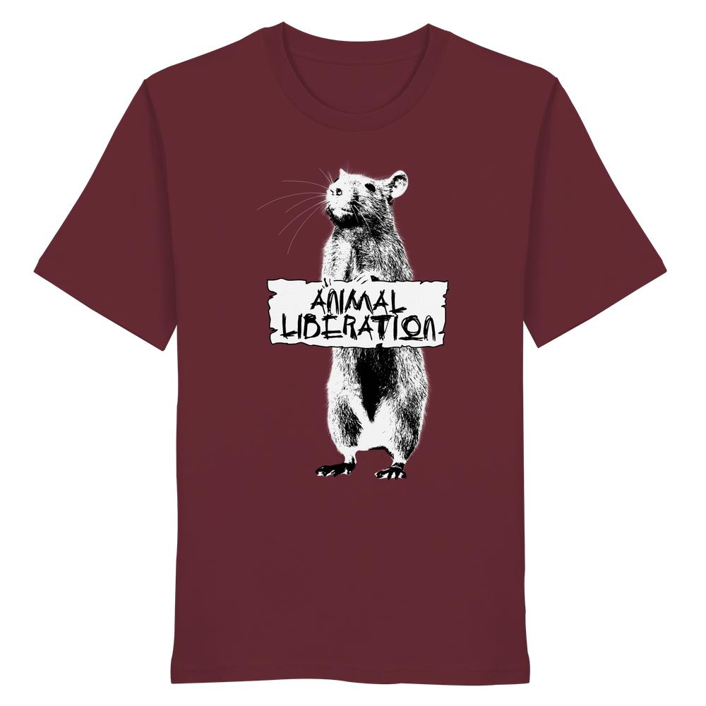 Vegan und Bio Unisex Shirt: Rat for Animal Liberation, zeigt Banksy-inspirierten Ratten-Print mit ANIMAL LIBERATION-Schild, aus 100 % Bio-Baumwolle, normale Passform.