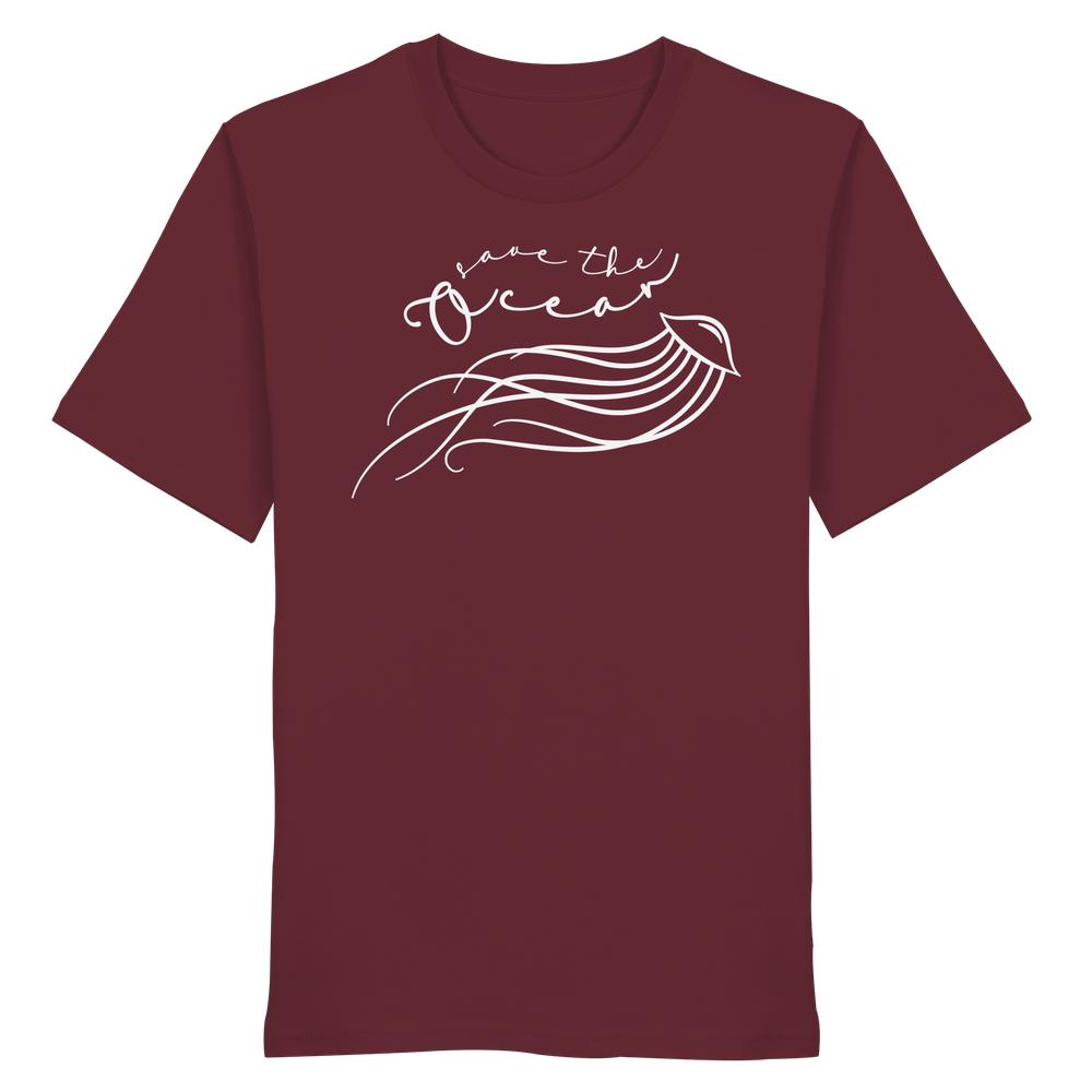 Vegan und Bio Unisex Shirt: Jellyfish - Save the Ocean. T-Shirt mit weißem Quallenmotiv und Save the Ocean-Schriftzug, aus 100% Bio-Baumwolle, normale Passform.