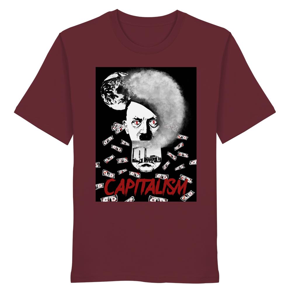 Maroones T-Shirt mit Grafik Capitalism vs. Earth - The Money Game: Diktatoren-Porträt, Rauch, Fabrik, Geldscheine und CAPITALISM in Rot. 100% Bio-Baumwolle, normale Passform.