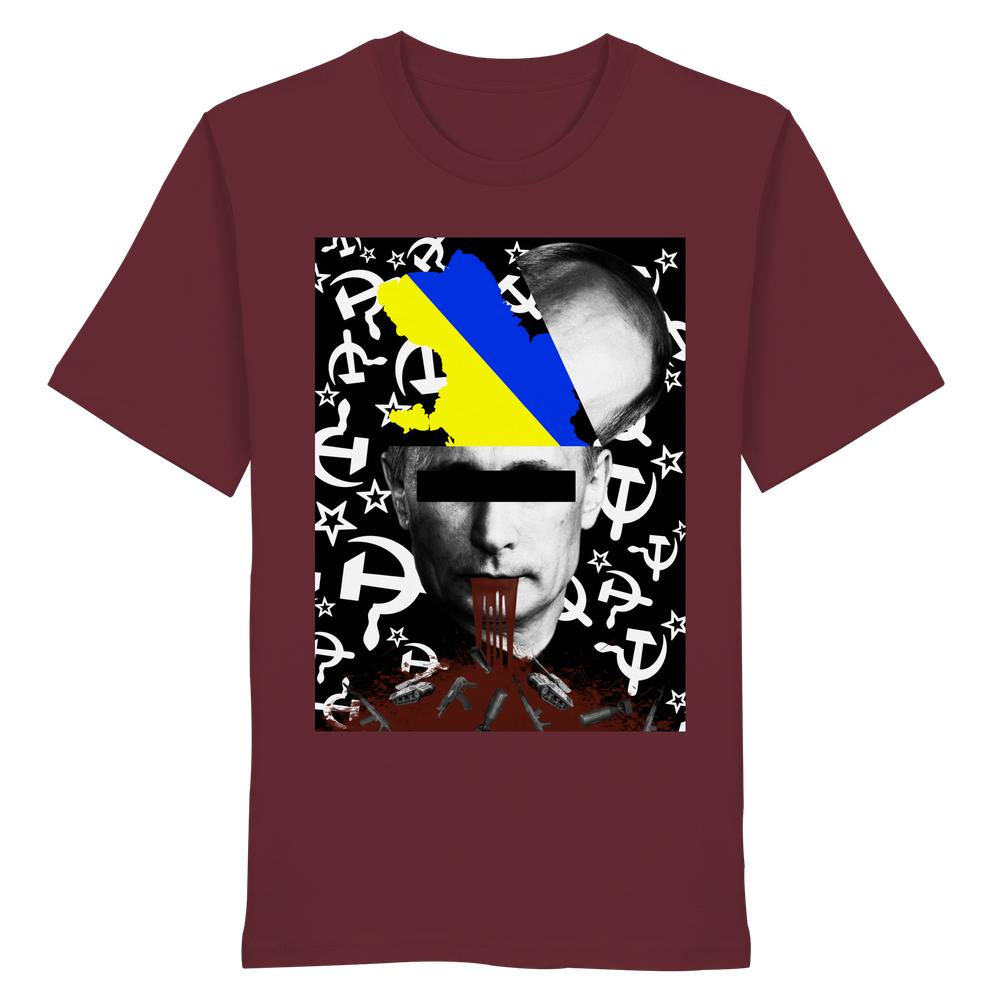 Maroones T-Shirt mit antikriegs Collage: Porträt mit verdeckten Augen, Landesumriss, Hammer und Sichel, blutende Waffen. Vegan und Bio Unisex Shirt: STOP WAR IN UKRAINE!
