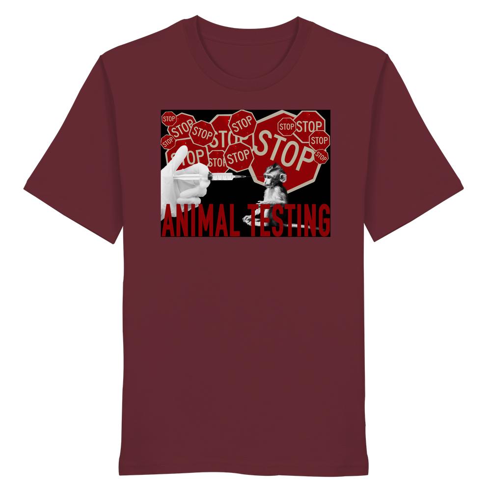 Maroonfarbenes T-Shirt mit Grafik STOP ANIMAL TESTING, zeigt Spritze auf Affen und Stoppschilder, aus Bio-Baumwolle, von RUDE REBEL, für Tierrechtsaktivismus.