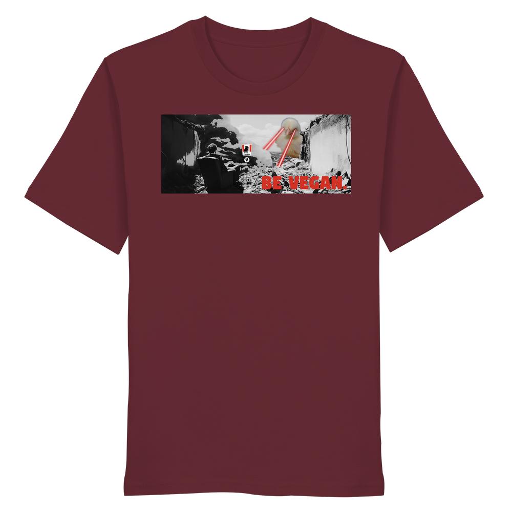 Vegan und Bio Shirt: BE VEGAN. - Angry bird: Maroones T-Shirt mit apokalyptischem Motiv, roter Schriftzug BE VEGAN!, 100% Bio-Baumwolle, normaler Schnitt.