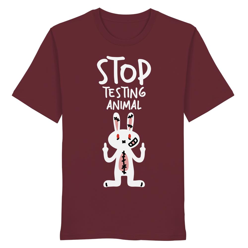 Maroon T-Shirt mit wütendem Hasenmotiv und STOP TESTING ANIMAL Slogan, fördert Tierrechte. Bio-Baumwolle, normale Passform. Produkt: Vegan und Bio Shirt: Angry Rabbit - Animal Rights.