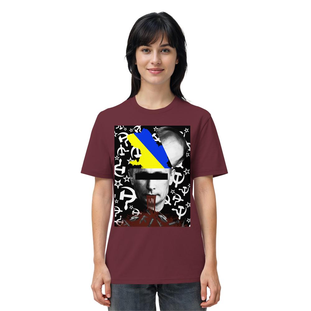 Vegan und Bio Unisex Shirt: STOP WAR IN UKRAINE! mit Provokantem Design einer Collage, die Kriegsprotest darstellt, auf burgundfarbenem T-Shirt aus 100% Bio-Baumwolle.