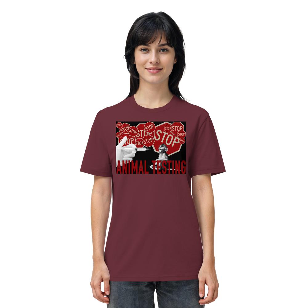 Vegan und Bio Unisex Shirt: STOP ANIMAL TESTING! zeigt Protest-Design mit Spritzenmotiv und Hundesilhouette, betont radikale Anti-Tierversuchs-Botschaft auf nachhaltigem Baumwollstoff.