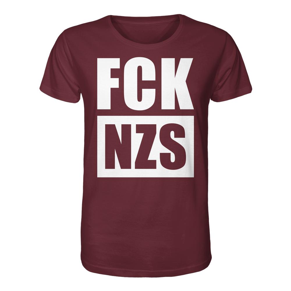 Vegan und Bio Unisex Shirt: FCK NZS, maroones T-Shirt mit weißem Anti-Nazi Slogan, hergestellt aus 100 % Bio-Baumwolle, normale Passform, für nachhaltigen und rebellischen Stil.