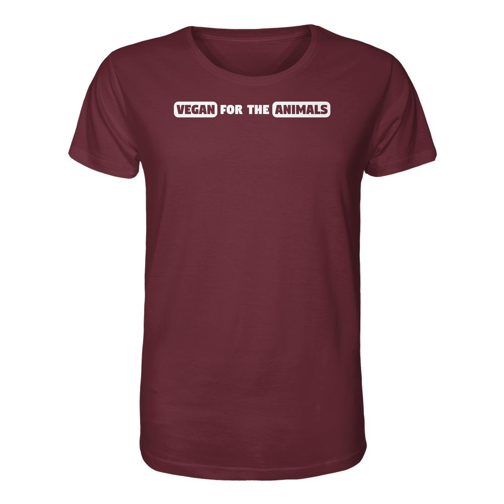 Unisex Bio-Baumwollshirt mit dem Slogan „VEGAN FOR THE ANIMALS“ in weißen Blockbuchstaben, verkörpert vegane und nachhaltige Ideale.