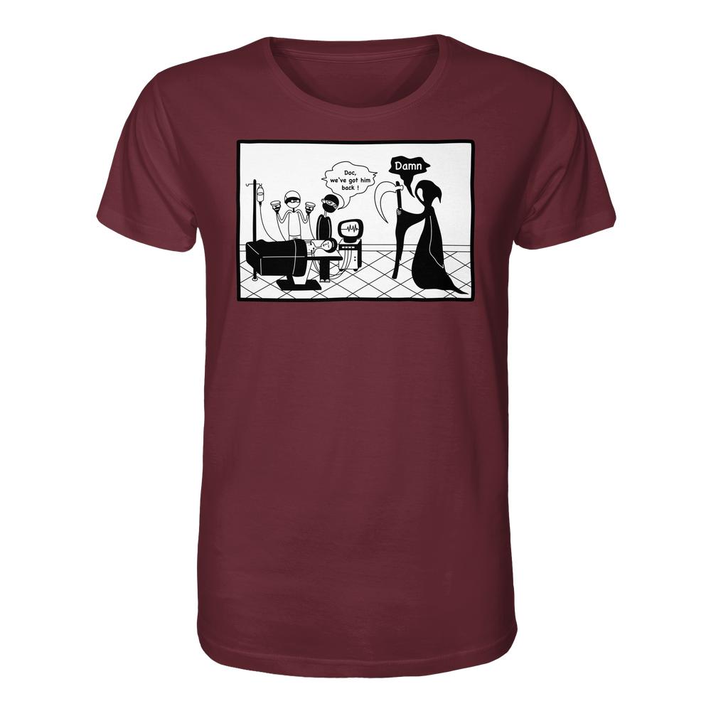 Vegan und Bio Unisex Shirt: Comicstripe - The Reaper mit witzigem Cartoon-Motiv von Ärzten und dem Sensenmann. Hergestellt aus 100% Bio-Baumwolle, normale Passform.