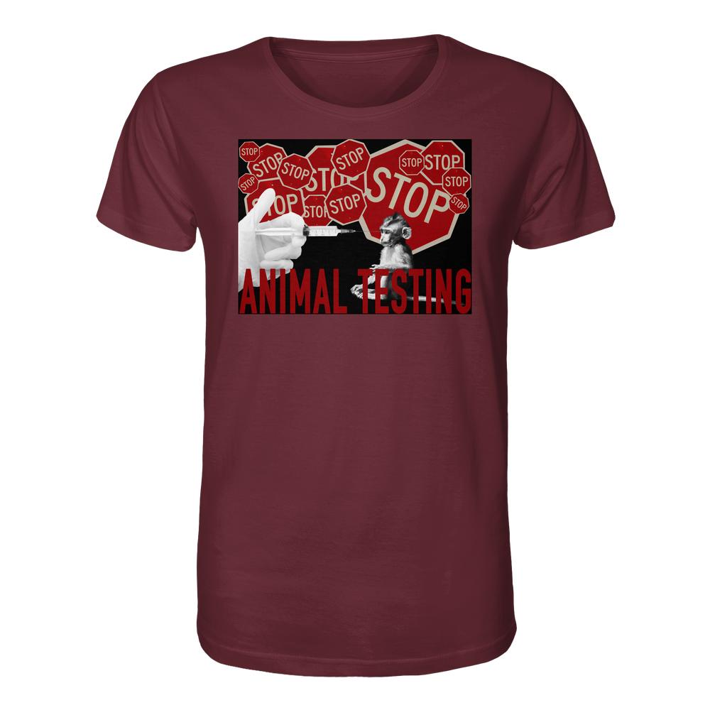 T-Shirt mit STOP ANIMAL TESTING!-Design, zeigt ein Protestmotiv gegen Tierversuche mit Stoppschilder-Collage und Spritze. Hergestellt aus Bio-Baumwolle, normale Passform.