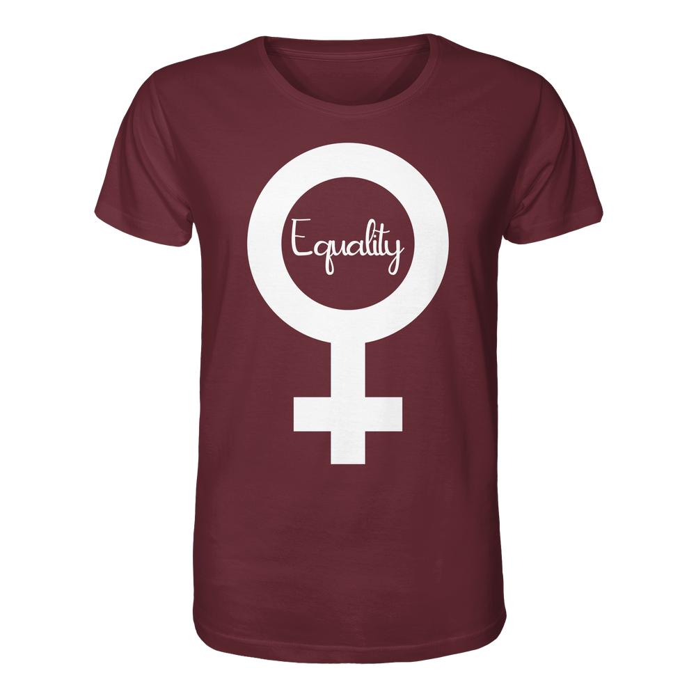 Vegan und Bio Unisex Shirt: Feminismus - Der Kampf um Gleichberechtigung, zeigt ein weißes Venus-Symbol mit dem Schriftzug Equality, auf einem maroonfarbenen T-Shirt, aus 100% Biobaumwolle.