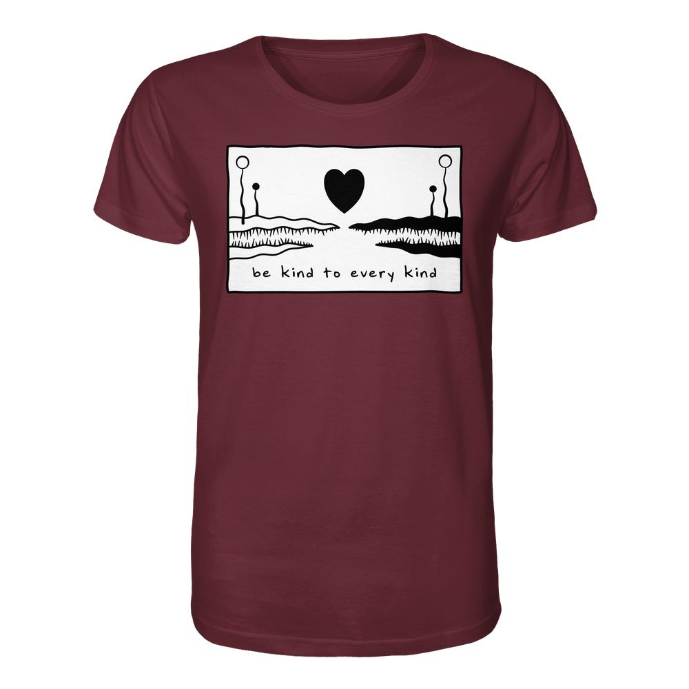 Burgundy T-Shirt mit stilisierter Grafik zweier Monsterkiefer, die sich einem schwarzen Herz nähern, und dem Slogan „be kind to every kind“. Veganes und biologisches Unisex-Shirt.