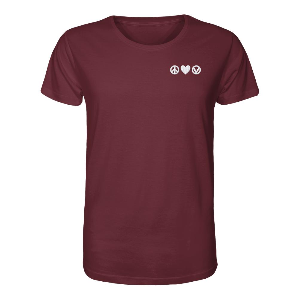 Unisex Bio-Baumwollshirt mit Stickerei Peace - Love - Veganism: Burgunderfarbenes, schlichtes Design, normale Passform, kurze Ärmel, 100% Bio-Baumwolle, von RUDE REBEL.