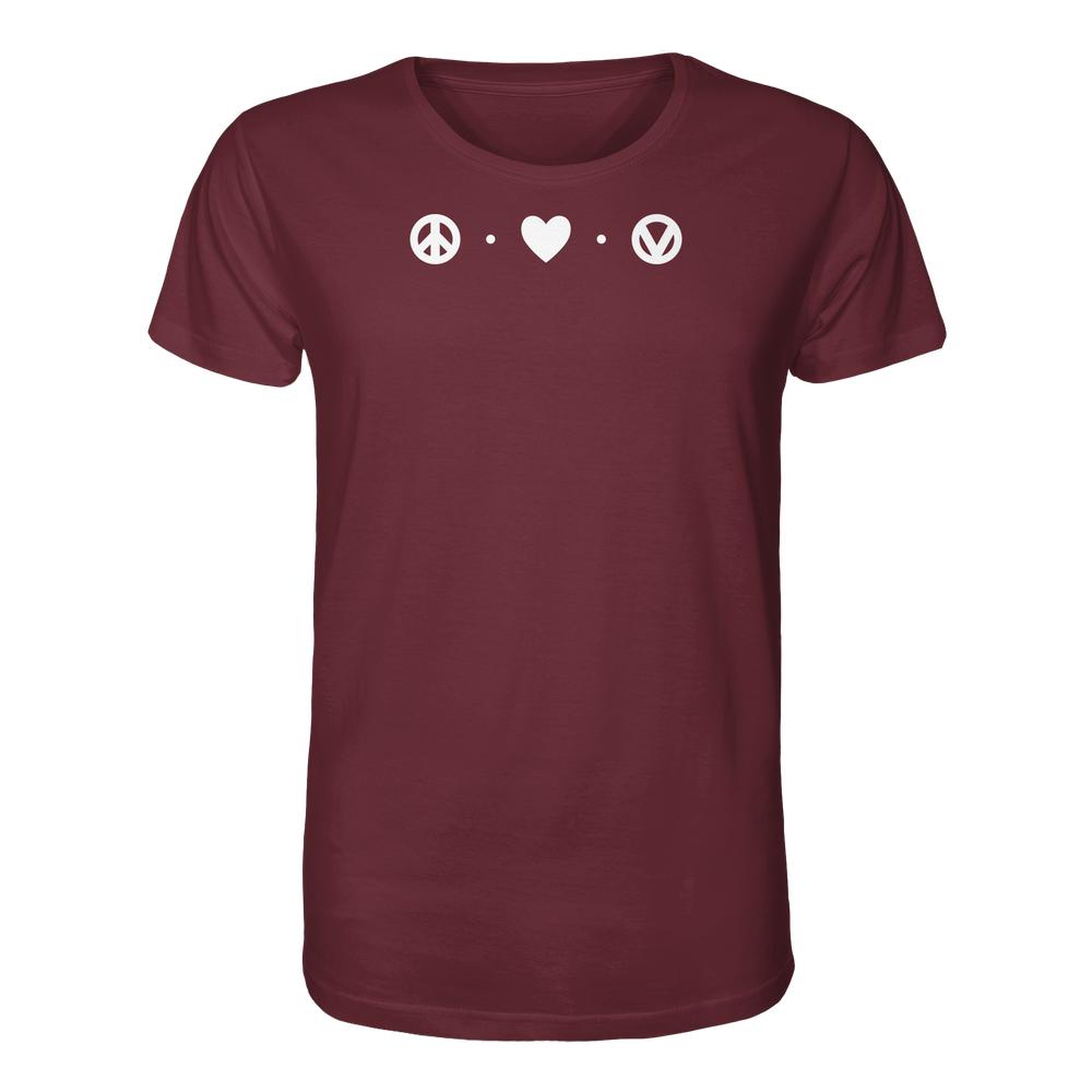 Burgundy T-Shirt mit weißem Aufdruck: Peace-Zeichen, Herz und veganem „V“, aus 100% Bio-Baumwolle. Design: „Peace - Love - Veganism“, hergestellt von RUDE REBEL.