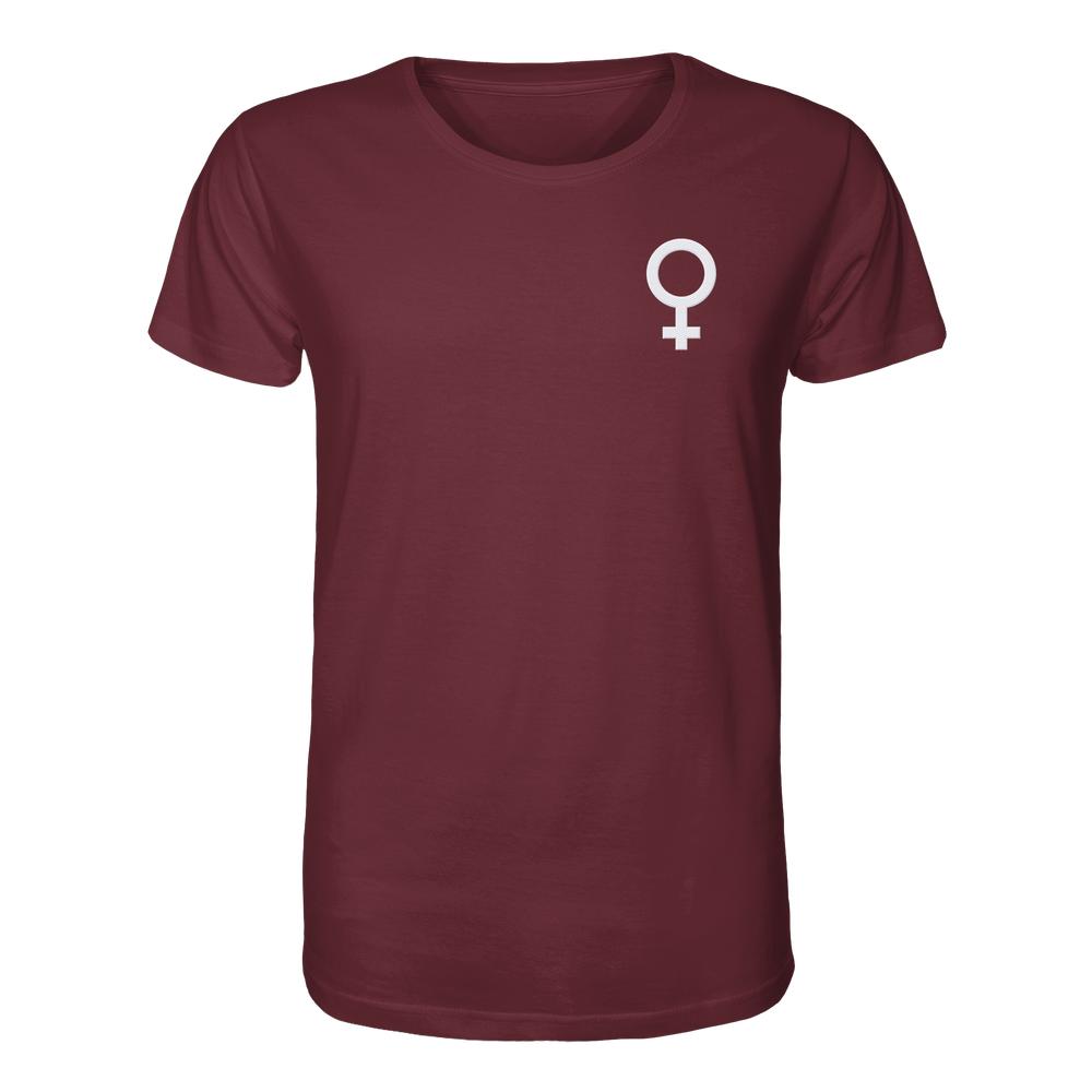 Unisex Bio-Shirt mit Venus-Symbol auf der Brust, symbolisiert den feministischen Kampf. Hergestellt aus 100% Bio-Baumwolle, repräsentiert nachhaltige, vegane Mode von RUDE REBEL.