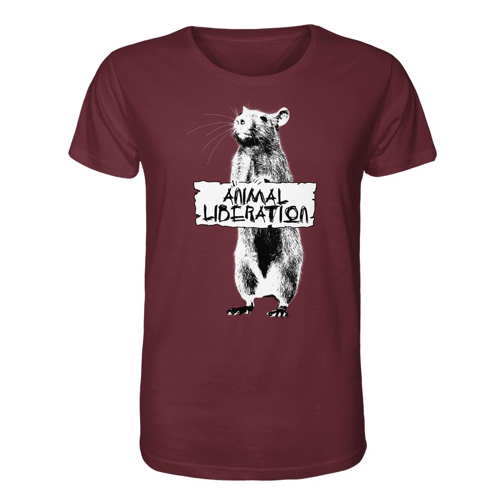 Vegan und Bio Unisex Shirt: Rat for Animal Liberation mit schwarzem Rattenmotiv und handgezeichnetem ANIMAL LIBERATION Schild, inspiriert von Banksy's Street Art, aus 100% Bio-Baumwolle.