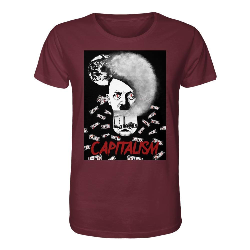 Burgundy-maroon T-Shirt mit großem Anti-Kapitalismus-Design: Gesicht mit Rauch-Afro, Weltkugel, Geldscheine, Fabrikszenen und CAPITALISM Schriftzug. Bio-Baumwolle, normale Passform.