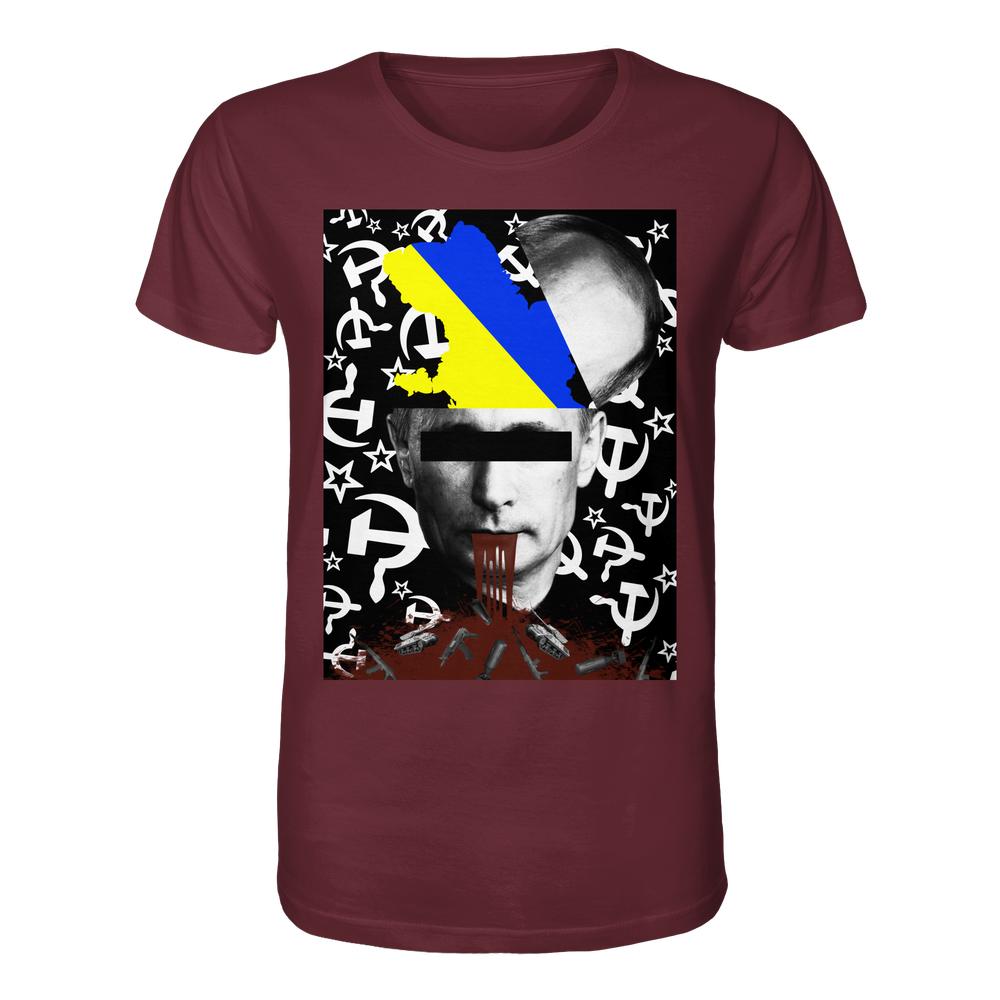 Vegan und Bio Unisex Shirt: STOP WAR IN UKRAINE! zeigt politisch aufgeladene Grafik mit Porträt, Ukraine-Silhouette, Hammer-und-Sichel-Symbolen, roten Tropfen und Militärszenen.