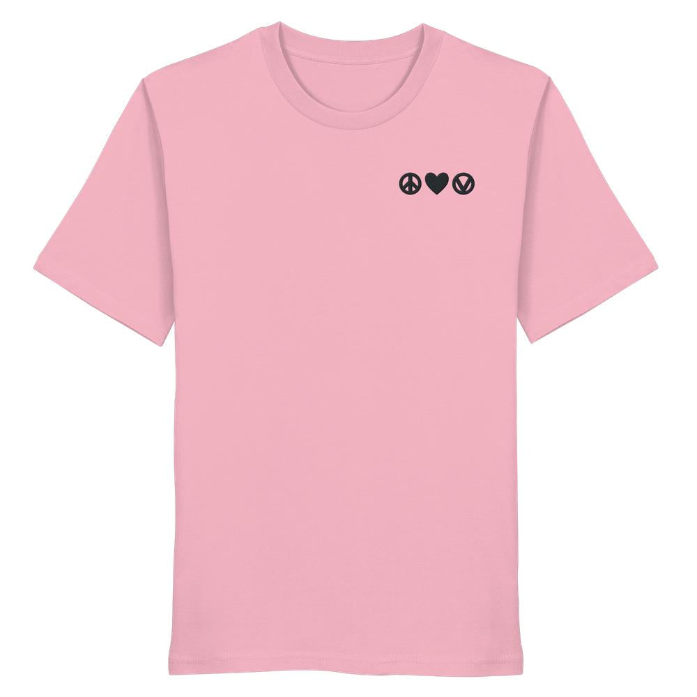 Unisex Bio-Shirt bestickt: Peace - Love - Veganism. Schlichte rosa T-Shirt mit Icons für Frieden, Liebe, Veganismus auf der Brust. 100% Bio-Baumwolle, normale Passform.