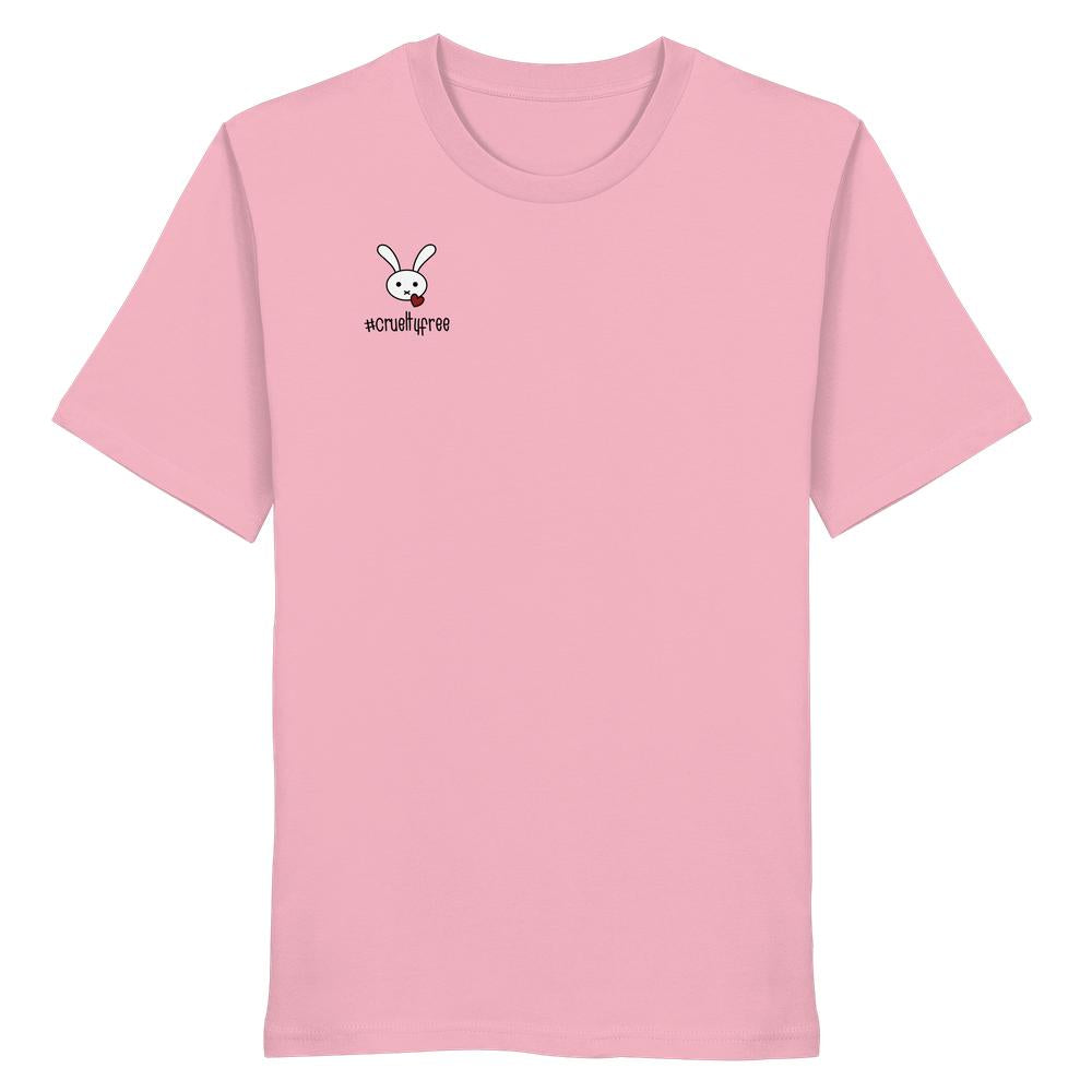 Vegan und Bio Unisex Shirt: Crueltyfree Bunny, hellrosa, kurze Ärmel, mit weißem Cartoon-Hasen und Herz, 100 % Bio-Baumwolle, normale Passform, von RUDE REBEL.