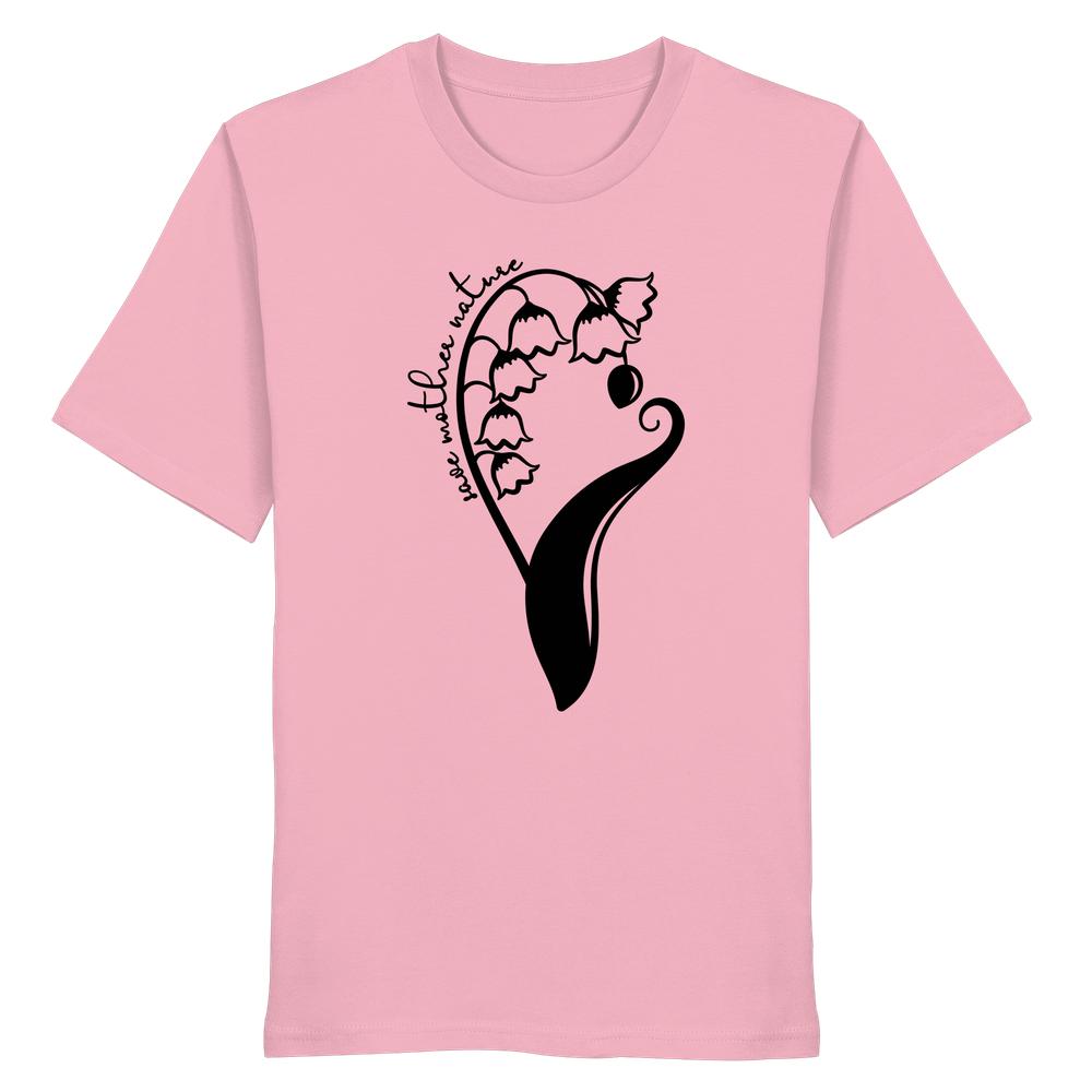 Vegan und Bio Unisex Shirt: Save Mother Nature with Flower Power, zeigt minimalistische Maiglöckchen-Grafik und Slogan „love mother nature“ auf leichtem, nachhaltigem T-Shirt aus 100 % Biobaumwolle.