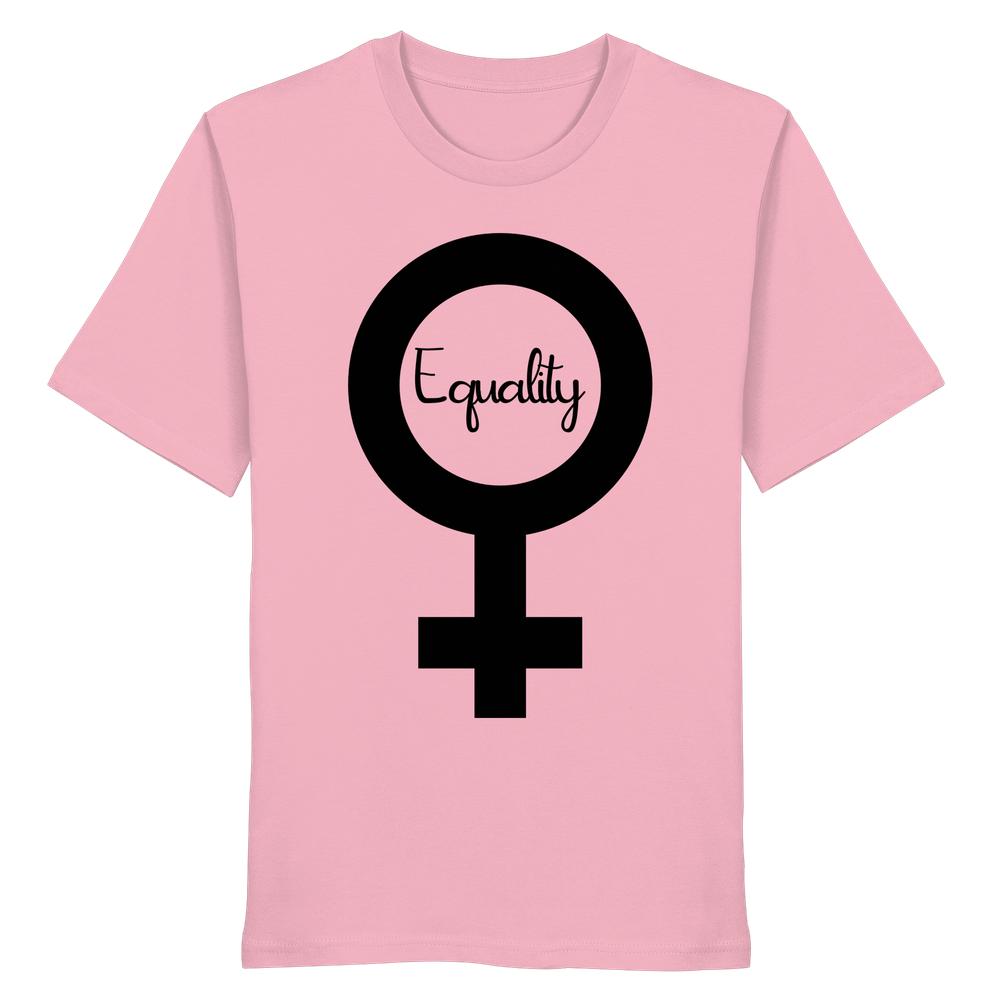 Unisex Bio-Baumwollshirt in Rosa mit großem schwarzen Venus-Symbol und dem Wort „Equality“ in Schreibschrift. Thema: Feminismus und Gleichberechtigung, von RUDE REBEL.