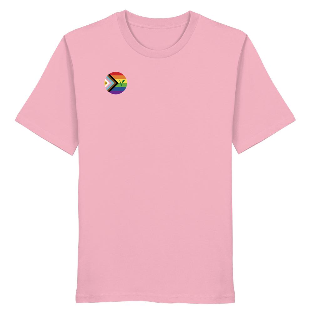 Vegan und Bio Unisex Shirt: LGBTQIA+ VEGAN, rosa mit Progress-Pride-Emblem auf der Brust, aus 100% Bio-Baumwolle, repräsentiert Freiheit und Inklusion, von RUDE REBEL.