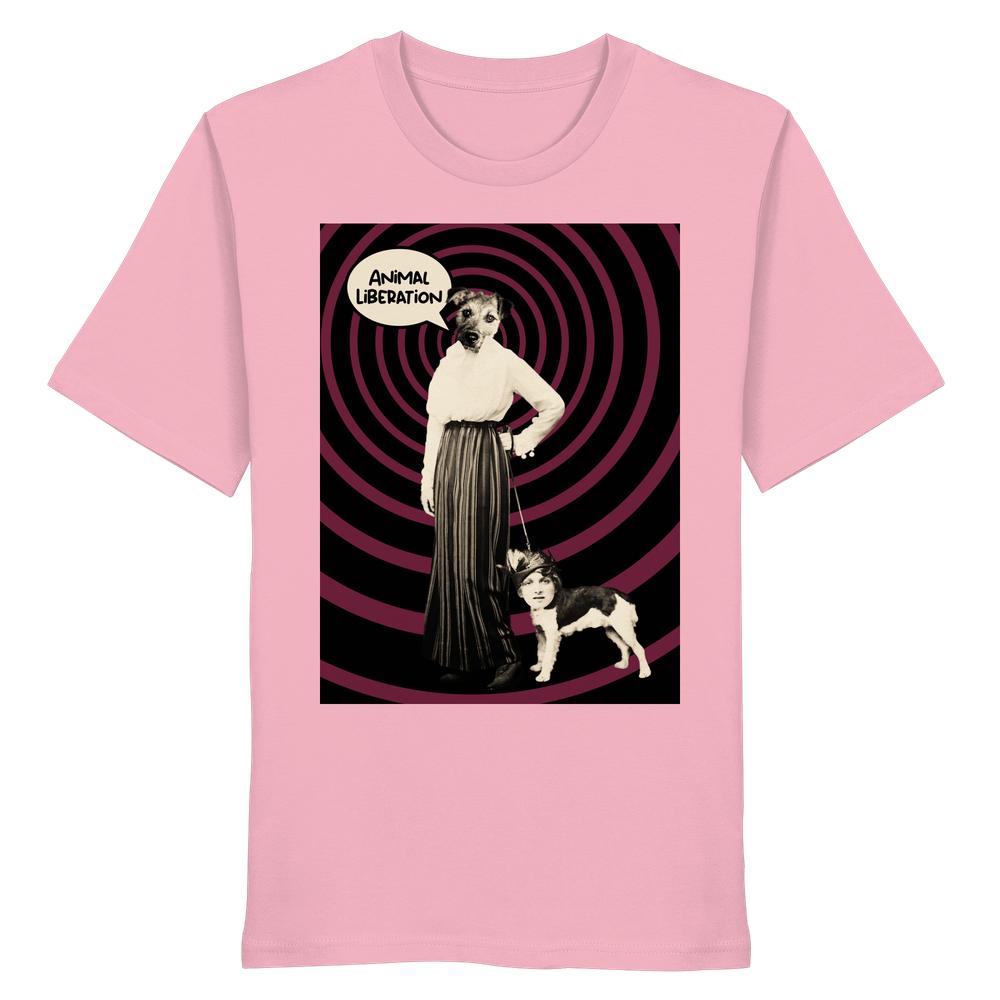 Vegan und Bio Unisex Shirt: Upside Down - Animal Liberation mit surrealer Collage aus Hundekopf und Mensch auf Bio-Baumwollstoff, inspiriert von Tierrechten und Freiheit.
