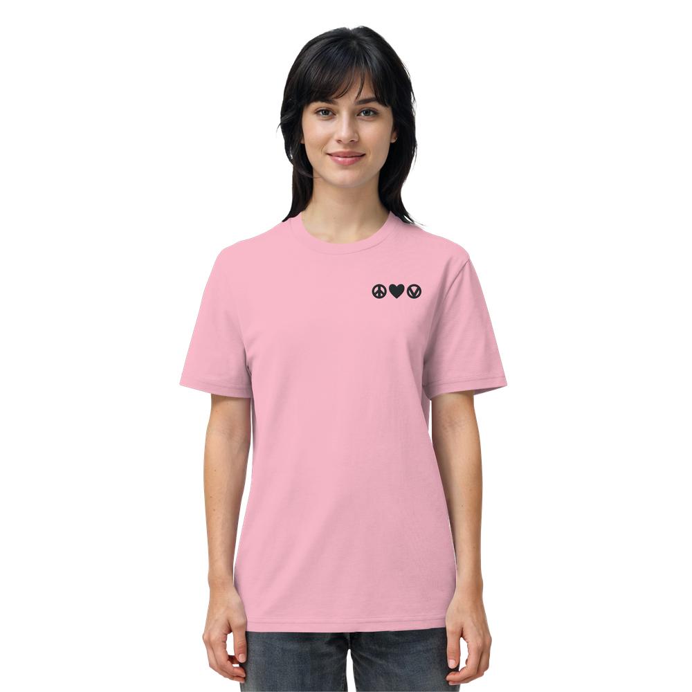 Frau trägt das Vegan und Bio Unisex Shirt bestickt: Peace - Love - Veganism mit Icons auf der Brust, unterstreicht vegane und nachhaltige Mode von RUDE REBEL.