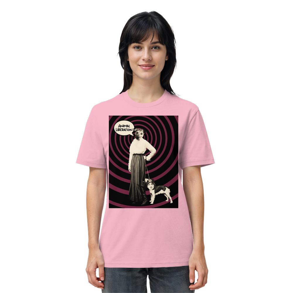 Person trägt ein Vegan und Bio Unisex Shirt: Upside Down - Animal Liberation mit surrealem Pop-Art-Druck: Hundekopf-Figur, Spiral-Hintergrund, Sprechblase Animal Liberation.
