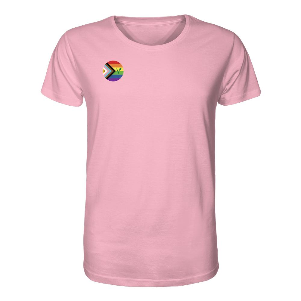 Unisex-Shirt aus Bio-Baumwolle mit normaler Passform, pink, Grafik der Progress-Pride-Flagge mit Veganismus-V auf der Brust.