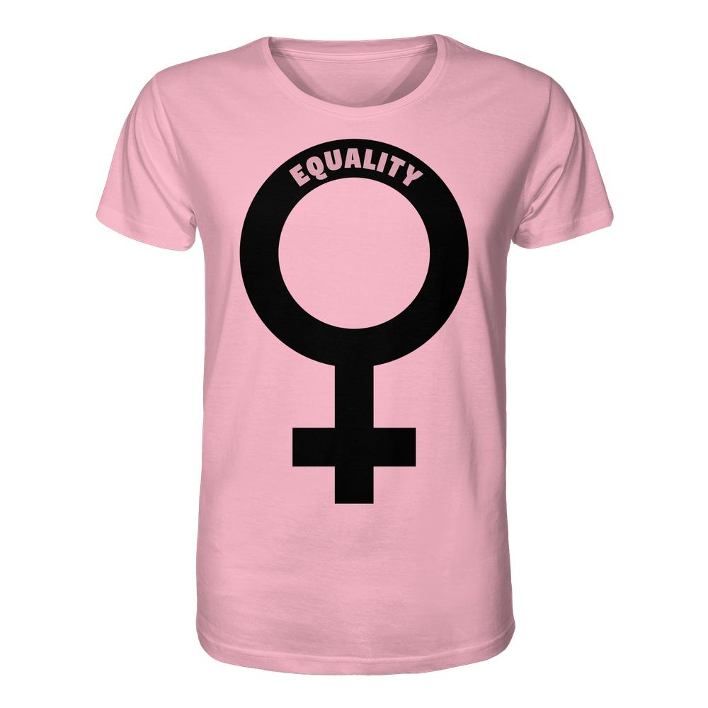 Unisex T-Shirt aus Bio-Baumwolle mit großem, schwarzem Venussymbol und dem Schriftzug EQUALITY, symbolisiert Gleichberechtigung und feministische Werte.