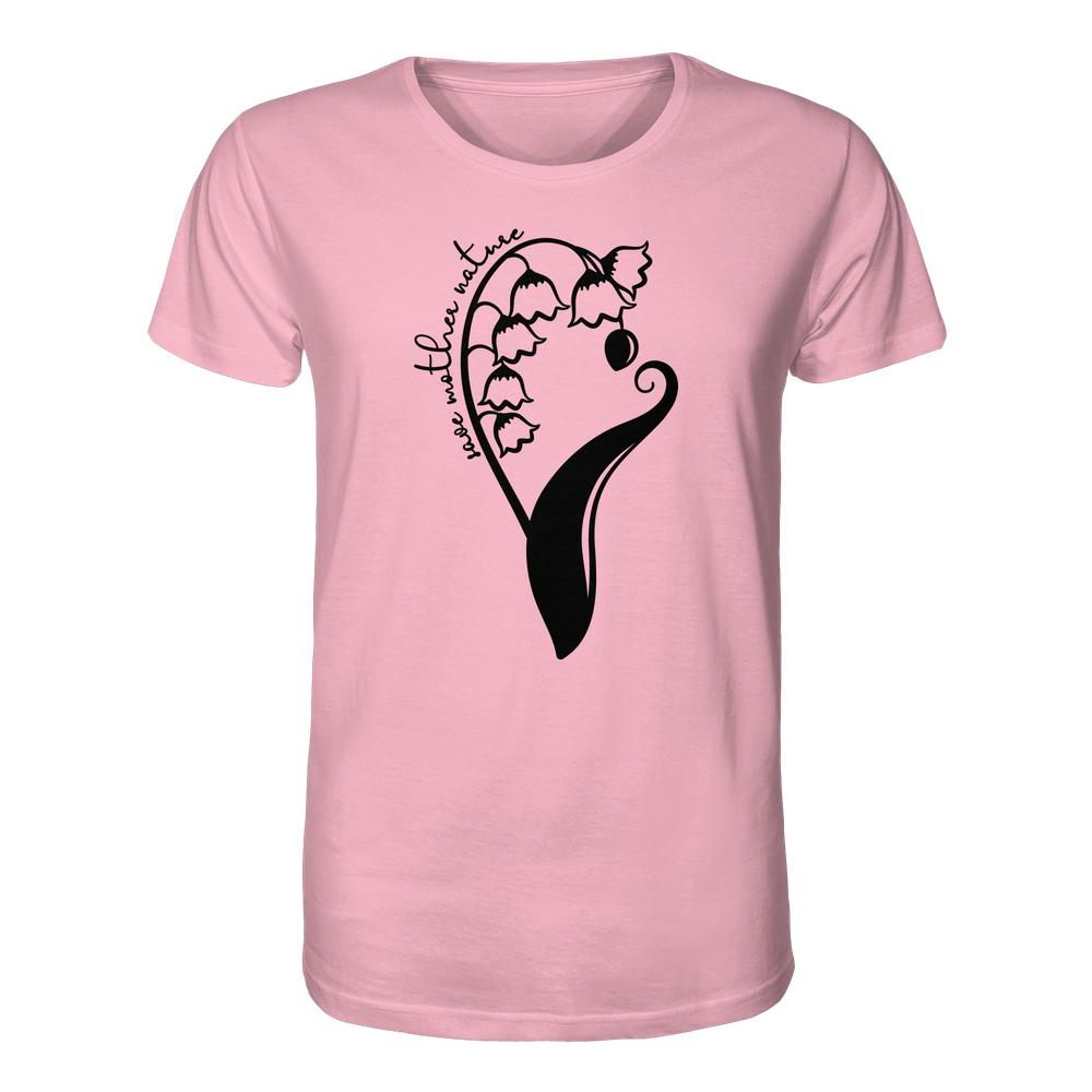 Vegan und Bio Unisex Shirt mit stilisiertem Maiglöckchen-Design und Slogan „love little nature“ auf pinkem T-Shirt, nachhaltig aus 100% Bio-Baumwolle gefertigt.