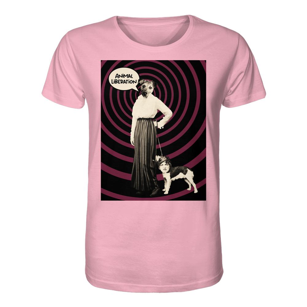 Vegan und Bio Unisex Shirt: Upside Down - Animal Liberation, mit surrealem Collage-Print: Hunde-Mensch-Figuren, Leine, Sprechblase Animal Liberation, 100 % Bio-Baumwolle, normale Passform.