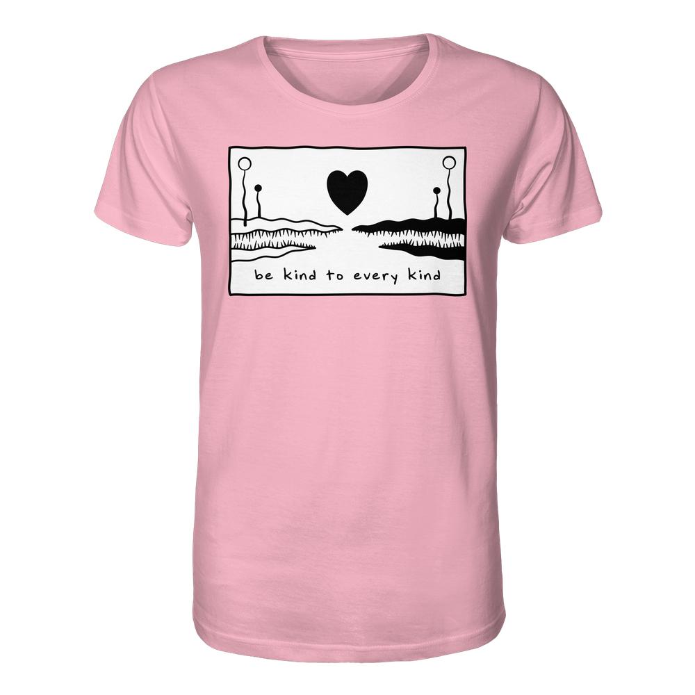 Unisex Bio-Shirt mit be kind to every kind-Slogan und abstraktem Grafikdesign, aus 100% Bio-Baumwolle, von RUDE REBEL, für vegane und nachhaltige Mode.
