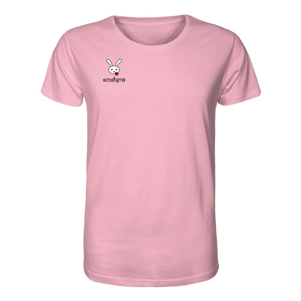Vegan und Bio Unisex Shirt: Crueltyfree Bunny, rosa T-Shirt mit kurzem Ärmel, weißem Hasenmotiv und rotem Herz, aus 100 % Bio-Baumwolle. Ideal für Tierschützer.