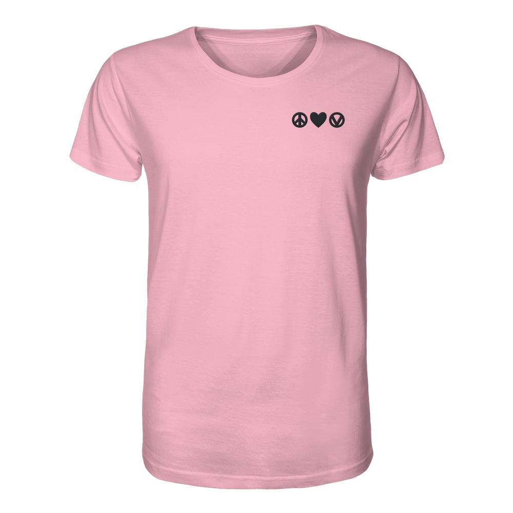 Vegan und Bio Unisex Shirt bestickt: Peace - Love - Veganism, hellrosa, mit schwarzen Symbolen für Frieden, Liebe und Veganismus auf der Brust. 100% Bio-Baumwolle, normaler Schnitt.