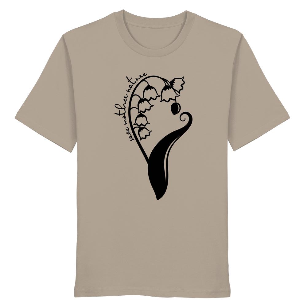 Vegan und Bio Unisex Shirt: Save Mother Nature mit minimalistischer Pflanzengrafik, aus 100% Bio-Baumwolle. Text: Rettet Mutternatur.