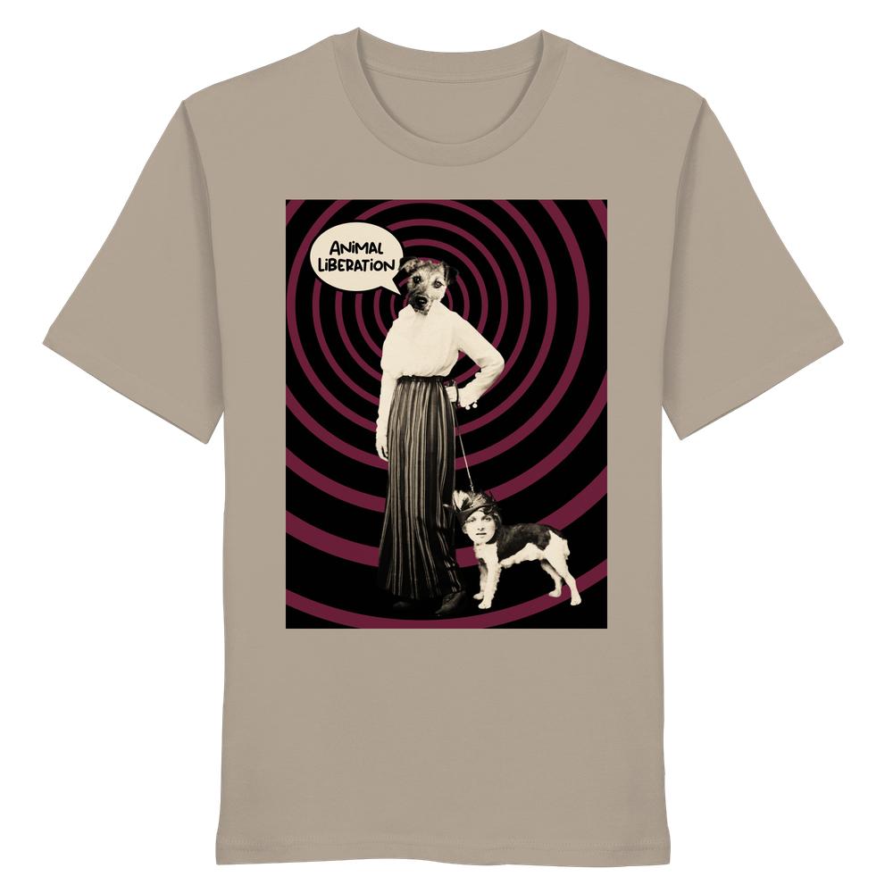 Vegan und Bio Unisex Shirt: Upside Down - Animal Liberation zeigt eine Collage mit einer hundeköpfigen Frau und einem menschenköpfigen Hund, inspiriert von Tierrechten.