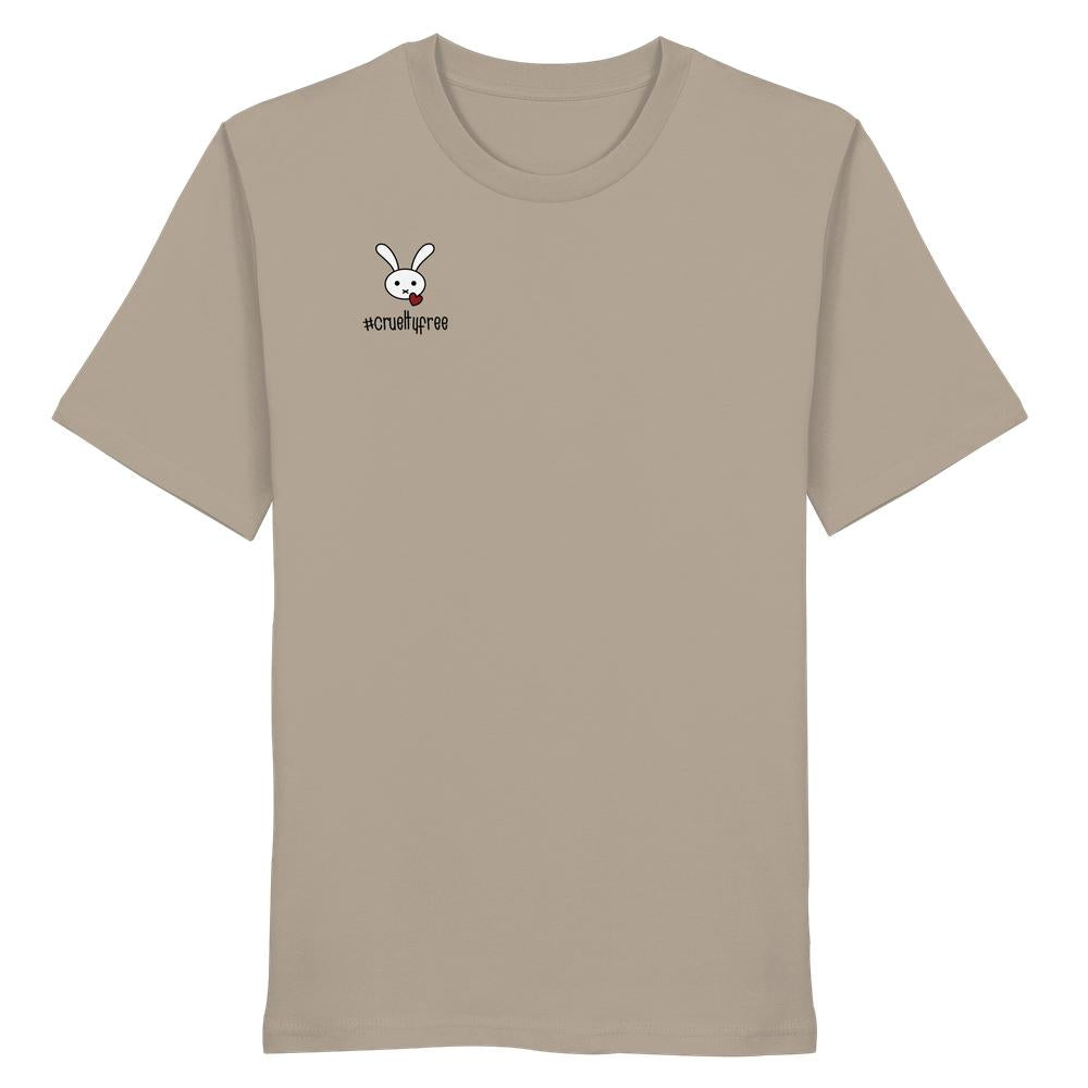 Unisex-Shirt aus Bio-Baumwolle mit kurzer Ärmel, zeigt ein weißes Cartoon-Hasen-Gesicht und den Schriftzug „#crueltyfree“ auf der Brust.