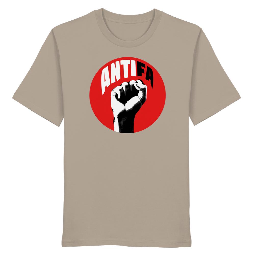 Vegan und Bio Unisex Shirt: Antifa - Kampf gegen Rechts, zeigt roten Kreis mit schwarzer Faust und ANTIFA Schriftzug auf hellbeigem Grund.